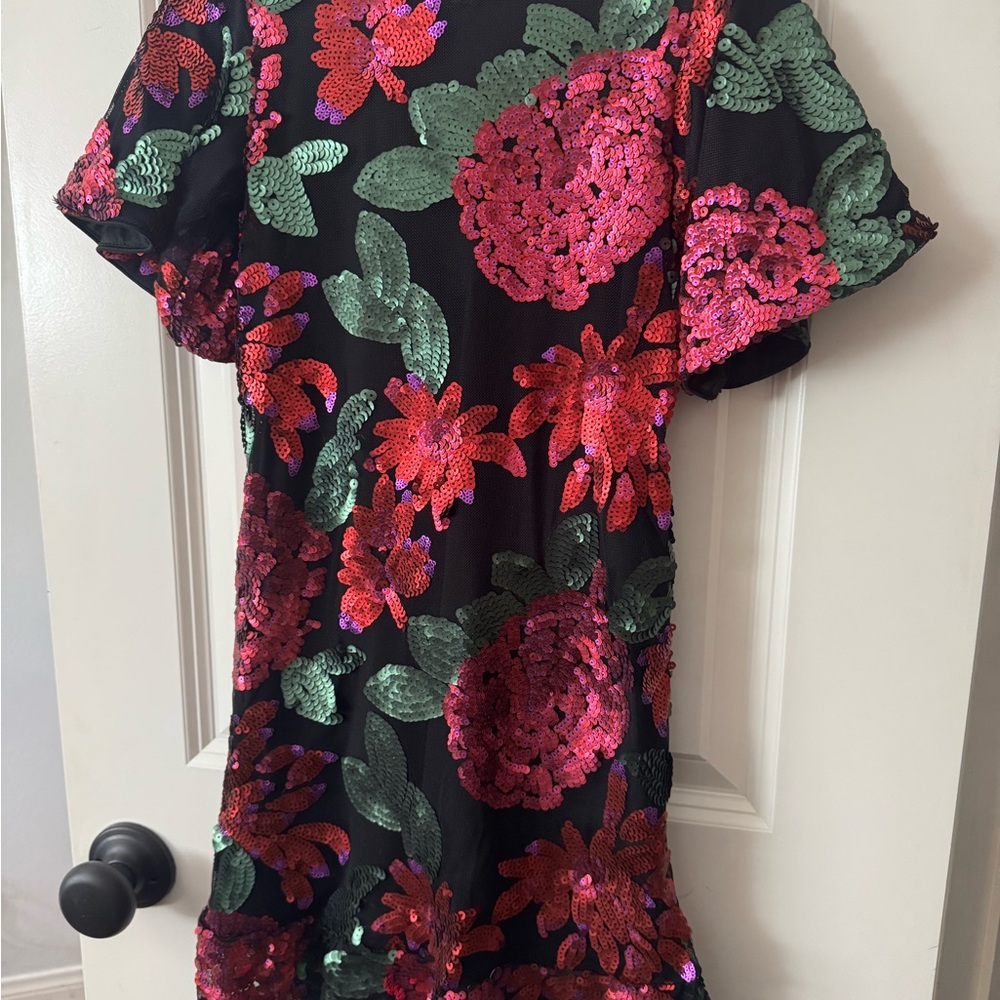 Ivy City Co Black Dress with Pink and Green Floral Sequins
